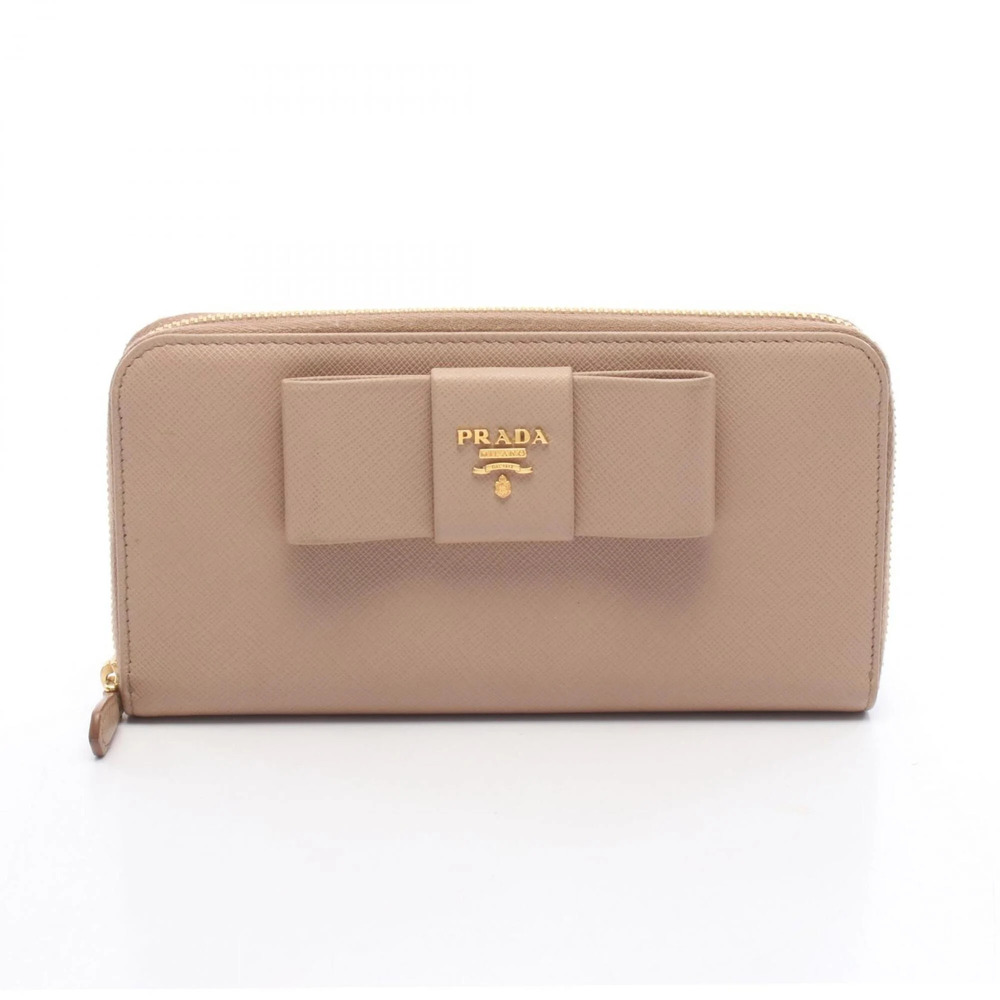 Prada PRADA Ribbon Round Long Wallet, Leather, Women's, Beige, 1ML506